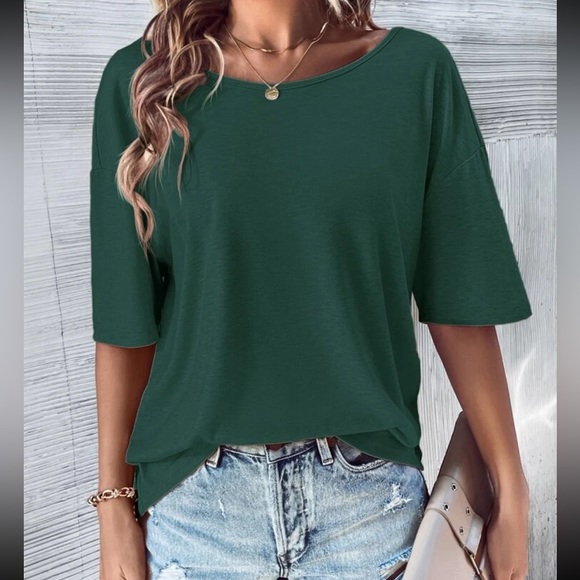 Classic Loose Fit Cut Out Back Batwing Sleeve Tee T Shirt Top Blouse Green - Picture 6 of 6